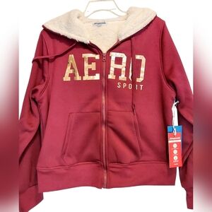 NWT Aeropostale Fleece lined Full Zip Red Hoodie Gold Metallic AERO JuniorsLarge